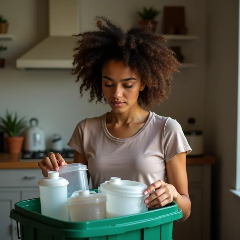 Mulher avaliando e descartando potes plásticos.