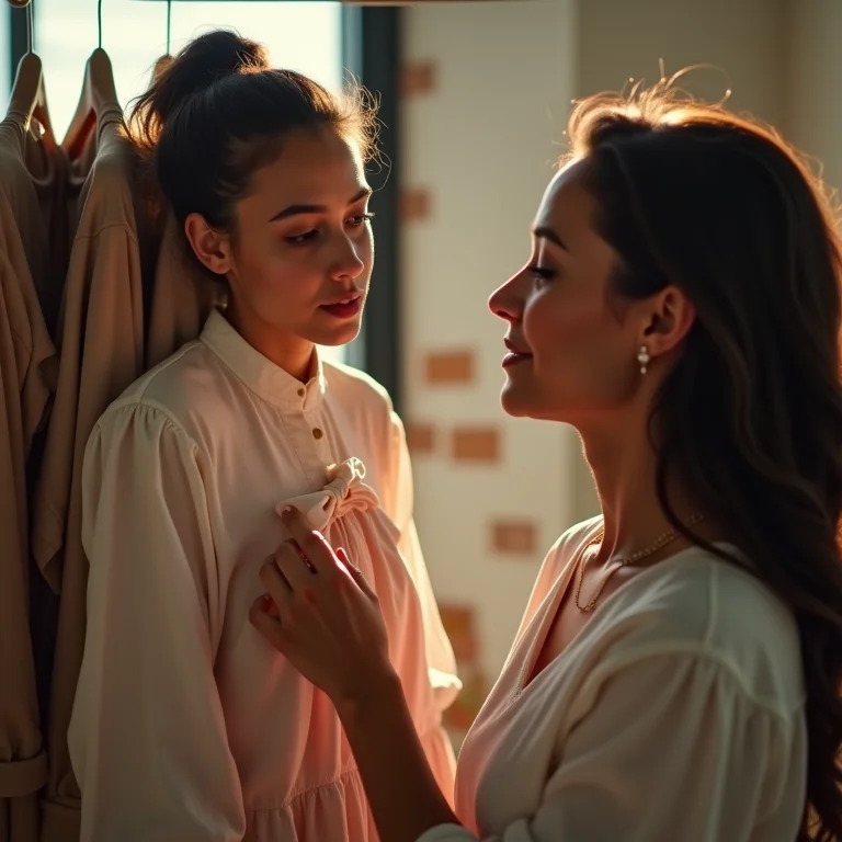 Mulher avaliando roupas para vender