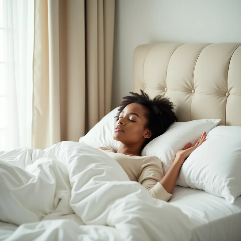 Mulher branca dormindo tranquilamente em cama arrumada
