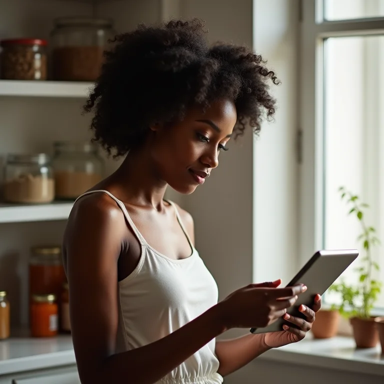 Mulher checando datas de validade dos produtos na despensa com um tablet na mão.