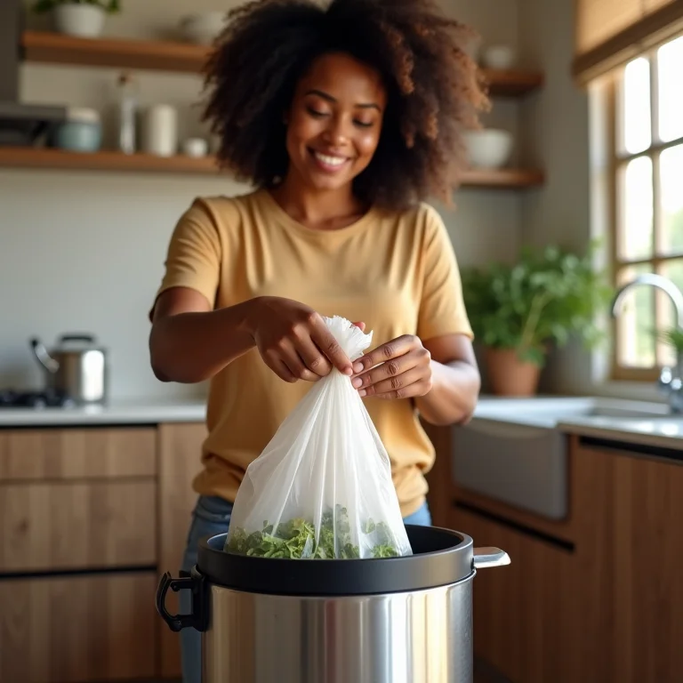 Mulher colocando saco de lixo em lixeira de inox