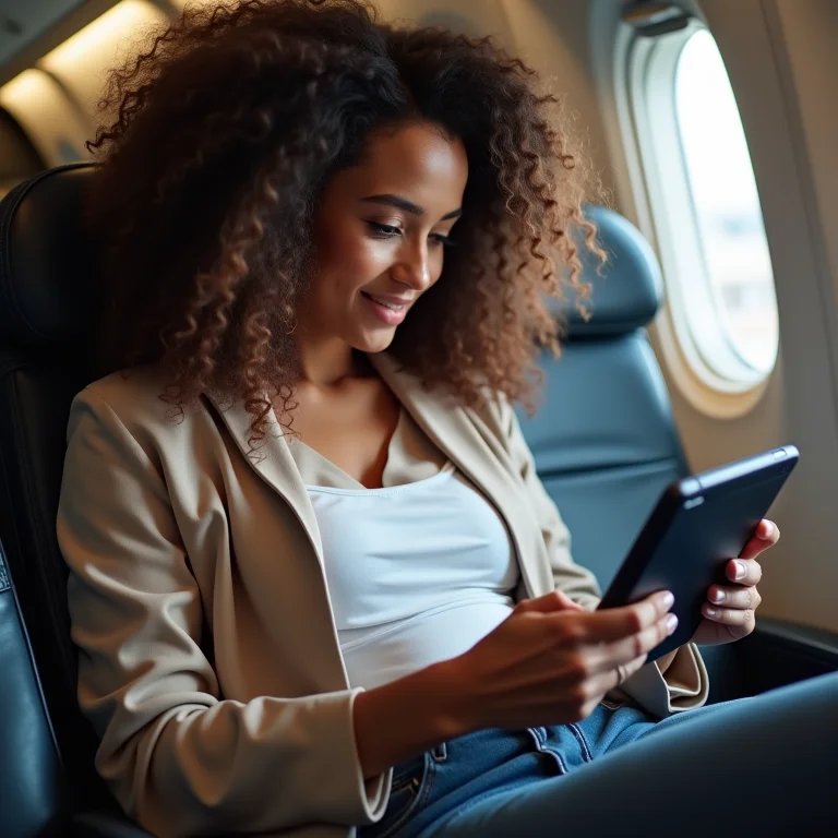 Mulher comparando tarifas aéreas no tablet