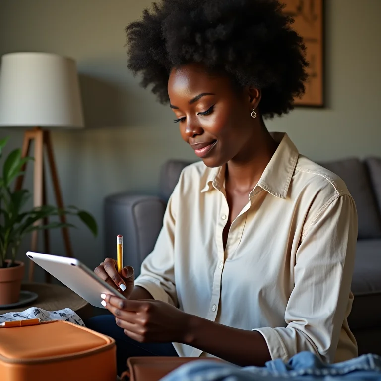 Mulher concentrada montando sua lista de bagagem em um tablet com itens de viagem ao redor
