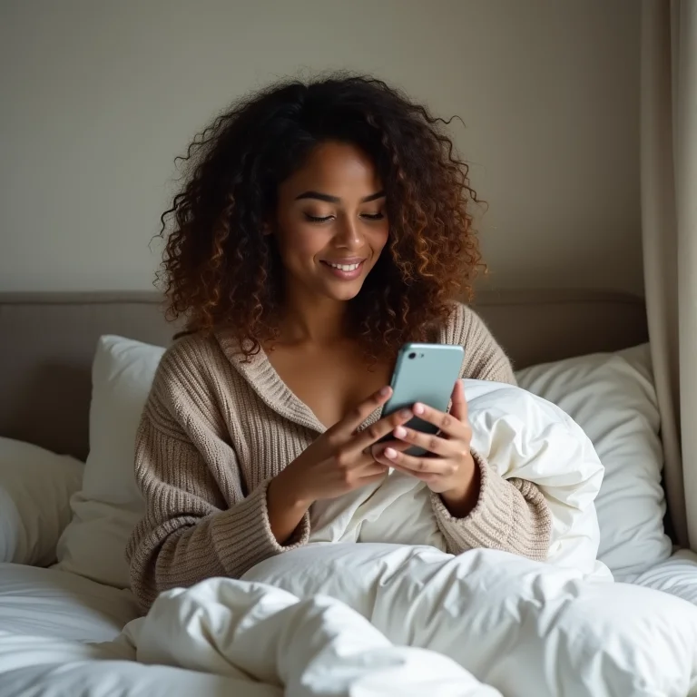 Mulher conferindo a previsão do tempo antes de guardar o edredom.