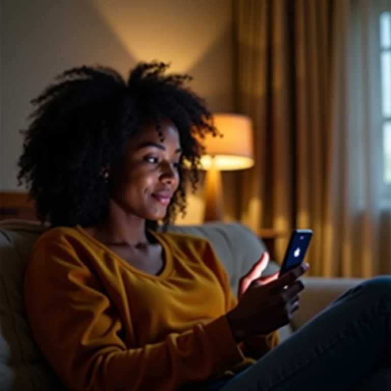 Mulher controlando a iluminação da casa pelo celular.