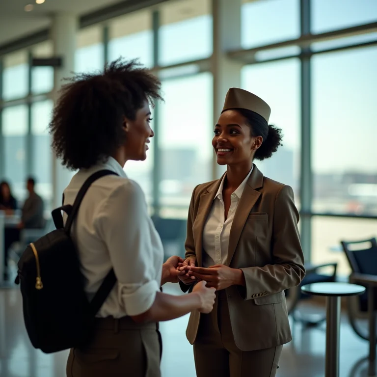 Mulher conversando com atendente de companhia aérea