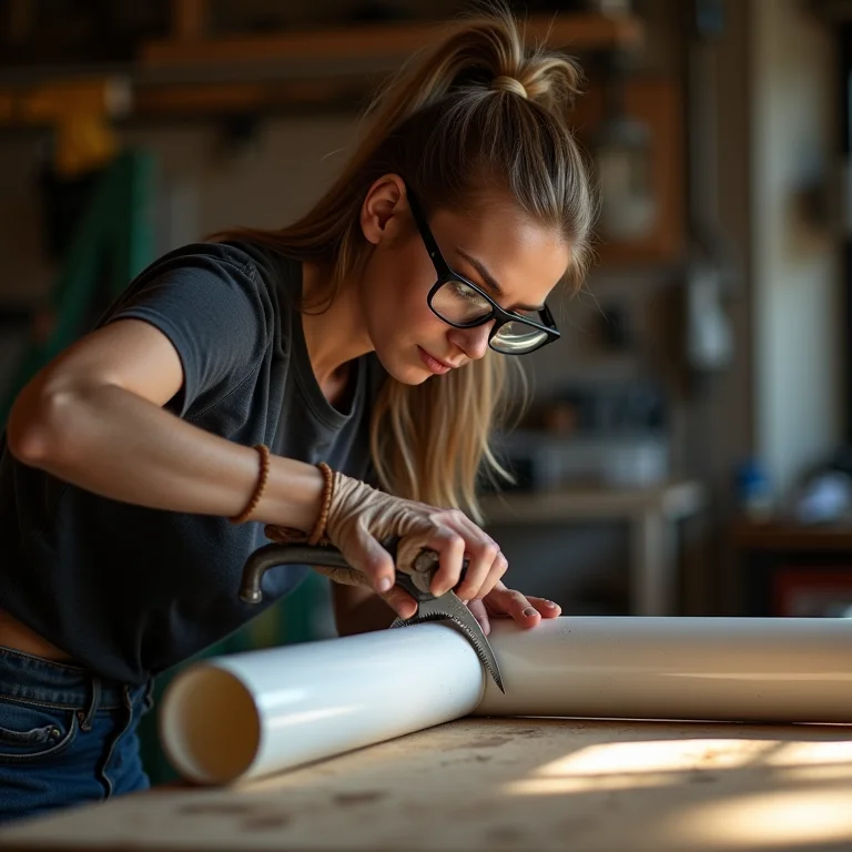 Mulher cortando cano PVC com serra e óculos de proteção