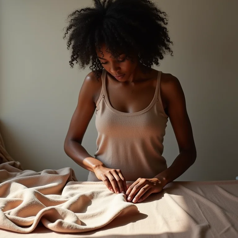 Mulher criando capa de TNT para roupas em casa