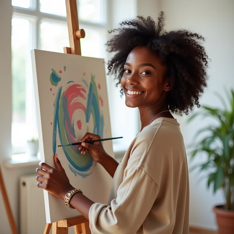 Mulher criando quadro DIY em casa