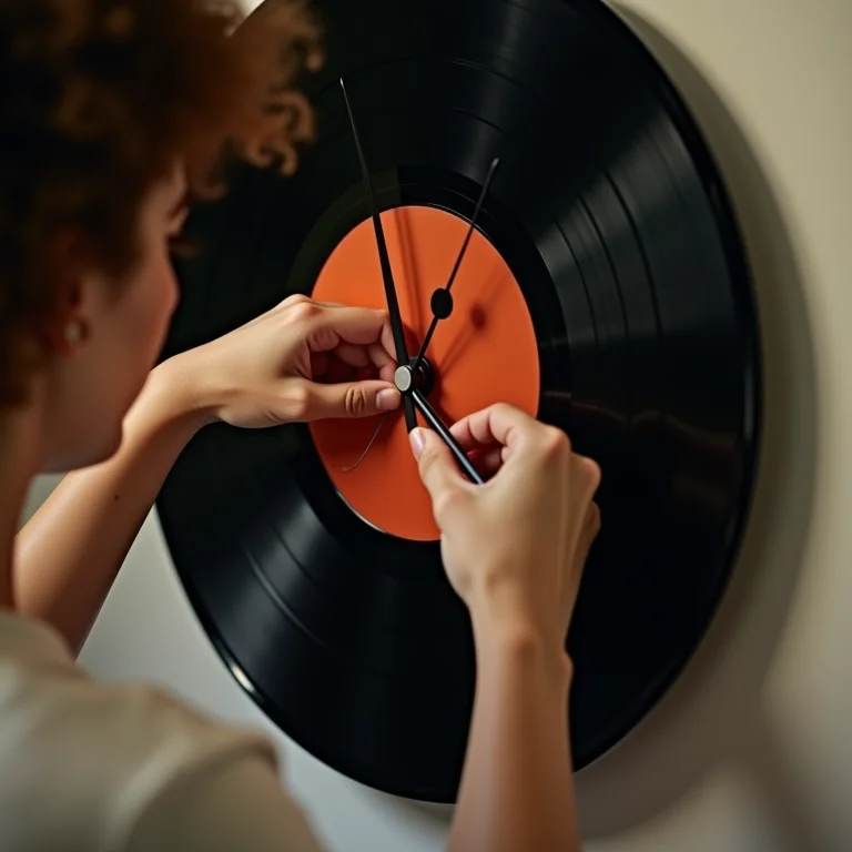 Mulher criando um relógio de vinil DIY