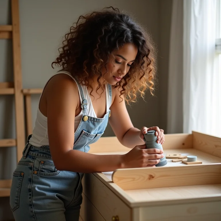 Mulher criando uma cômoda trocador DIY (faça você mesmo)