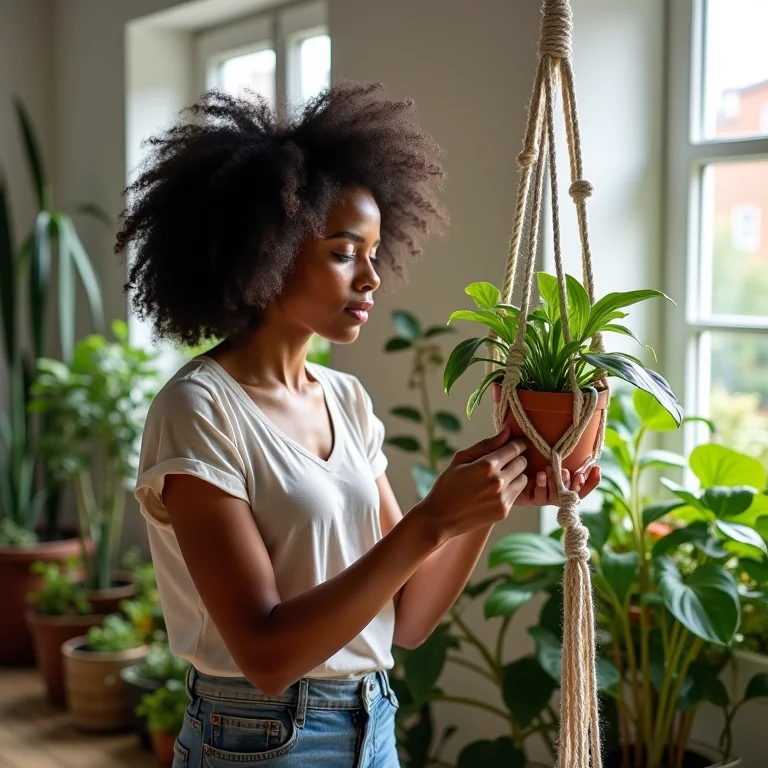 Mulher criando uma prateleira suspensa de macramê para plantas.