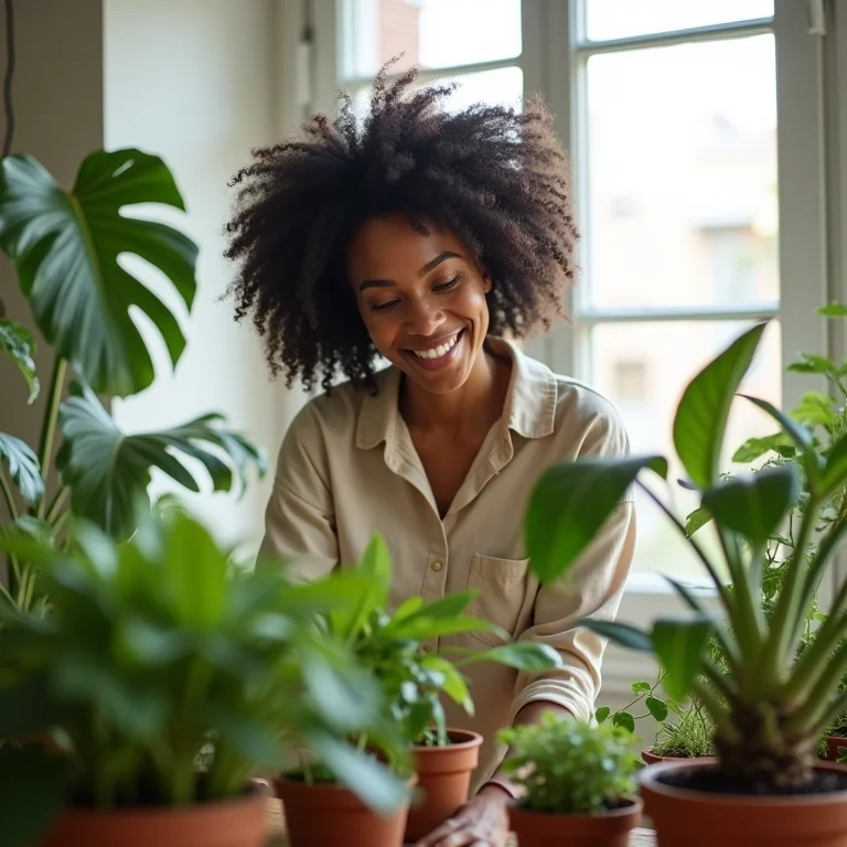 Mulher cuidando de plantas em decoração boho chic
