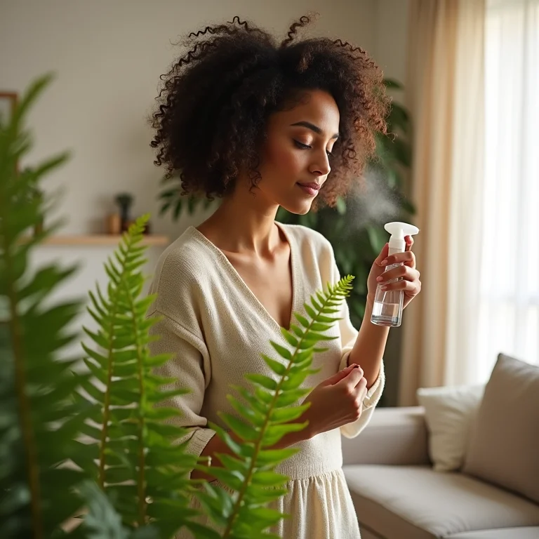Mulher cuidando de samambaia