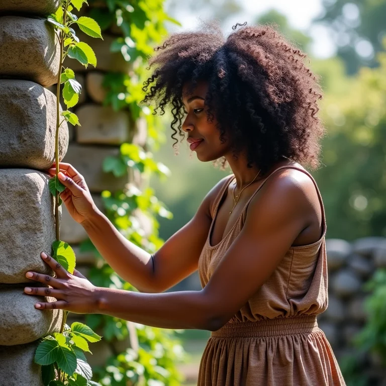 Mulher cuidando de um jardim vertical com pedras inusitadas