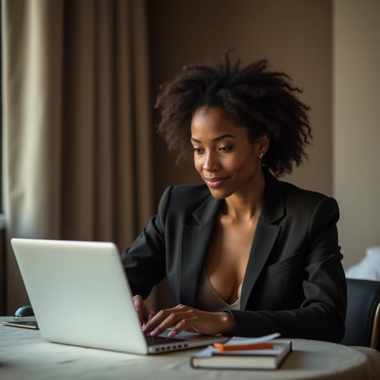 Mulher de negócios trabalhando em um quarto de hotel