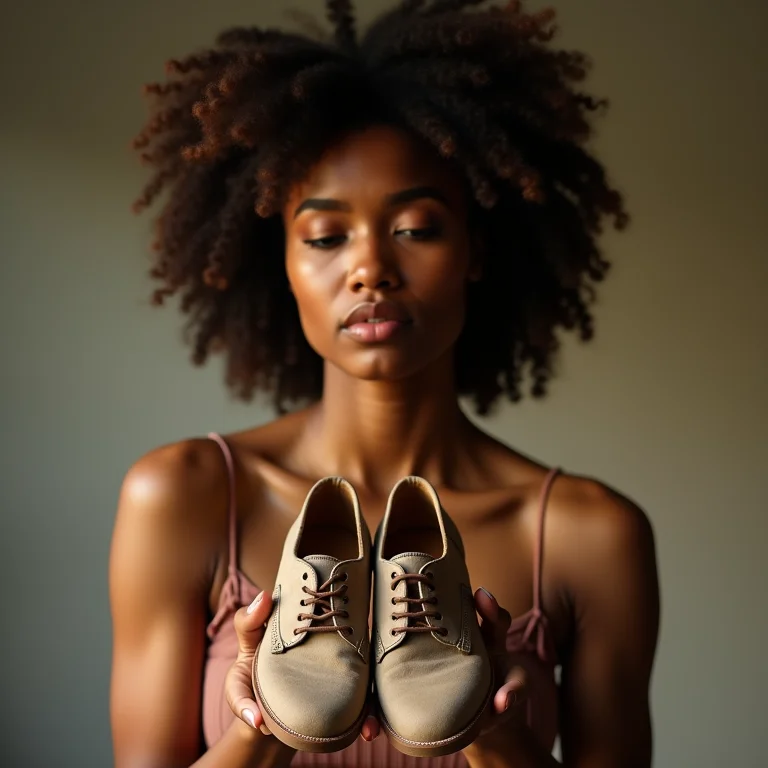 Mulher decidindo quais sapatos descartar