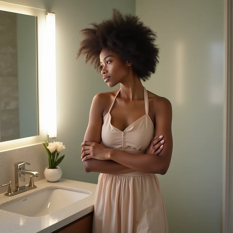 Mulher definindo prioridades em banheiro minimalista