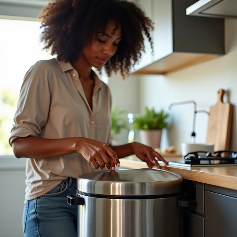 Mulher descartando lixo em lixeira de inox