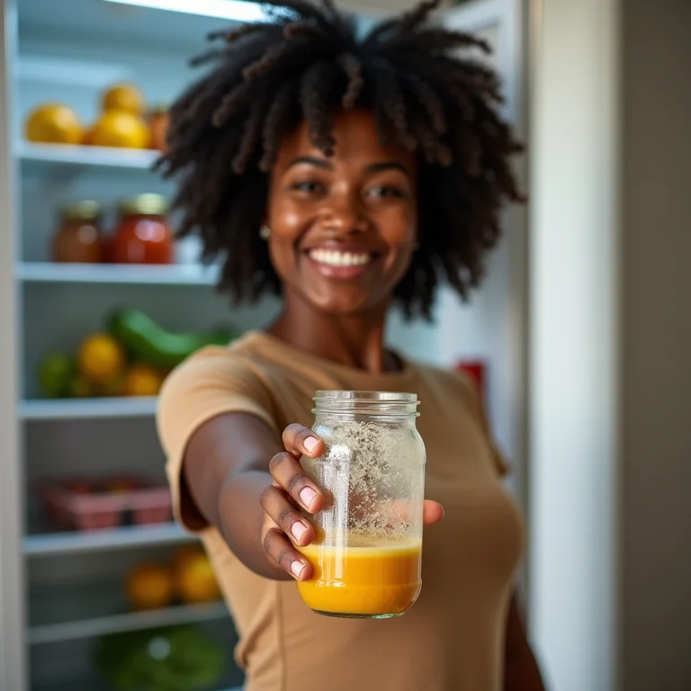 Mulher descongelando sopa em pote de vidro na geladeira.