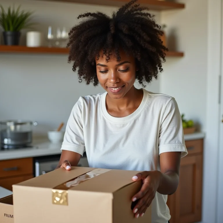 Mulher desembalando mantimentos em uma cozinha de Airbnb