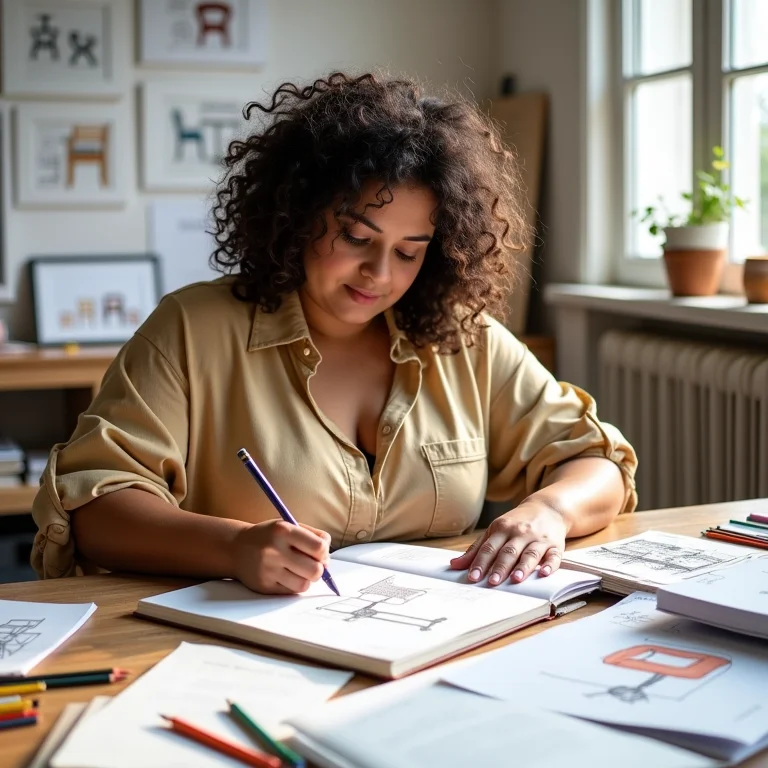 Mulher desenhando modelos de cadeiras em um caderno.