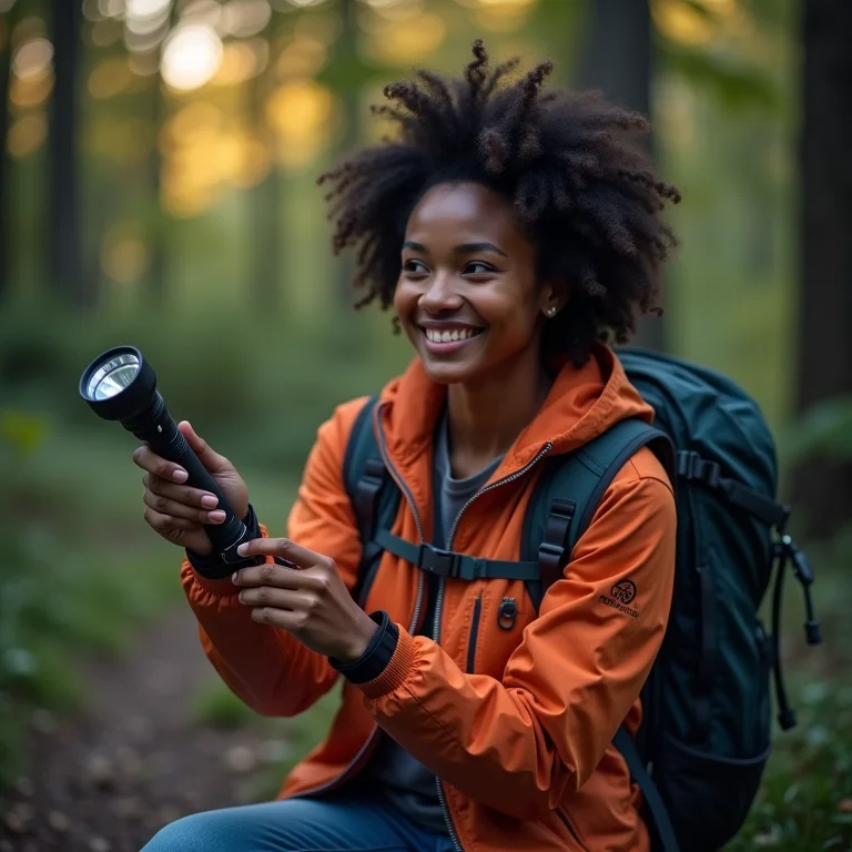 Mulher escolhendo a lanterna ideal para sua aventura de camping.