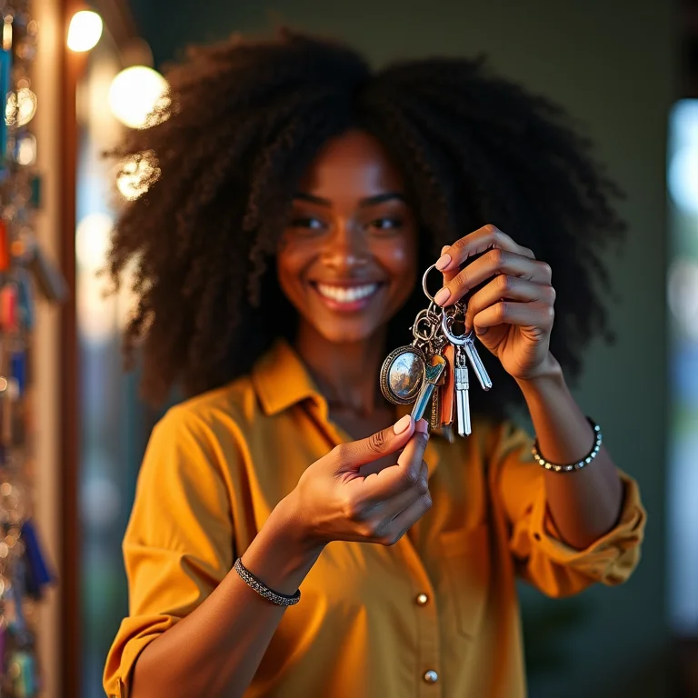 Mulher escolhendo chaveiro colorido para personalizar