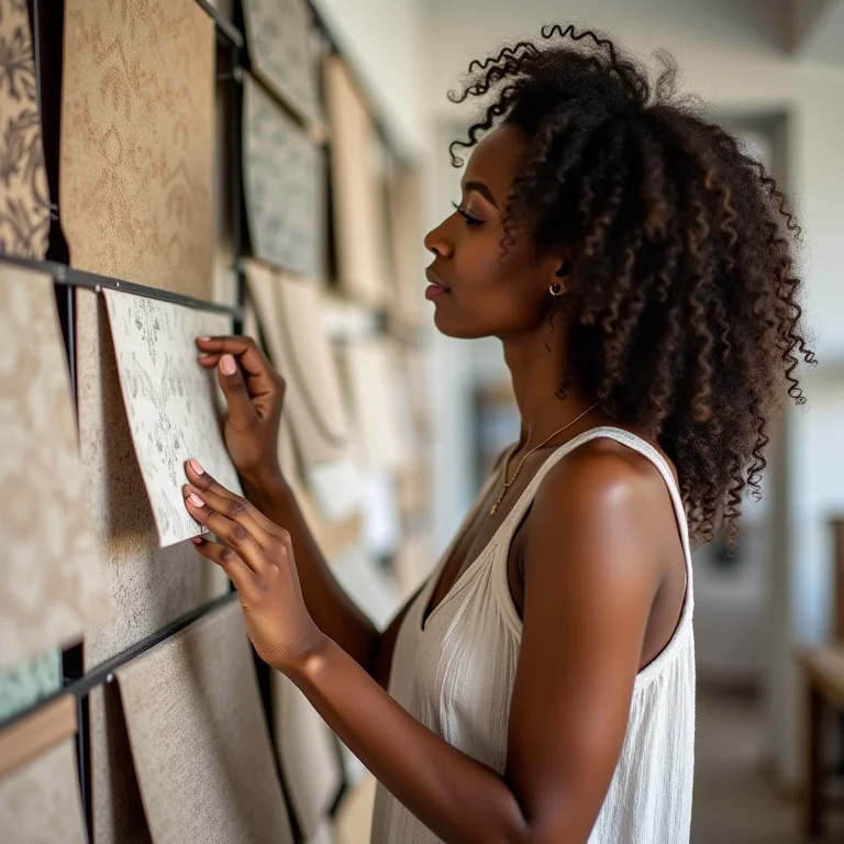 Mulher escolhendo papel de parede ideal