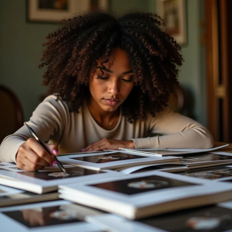Mulher escolhendo uma foto para o porta-retrato.