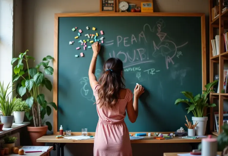 Mulher escrevendo em parede lousa colorida