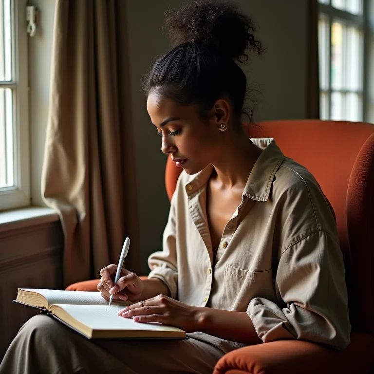 Mulher escrevendo em um diário durante um dia de autocuidado