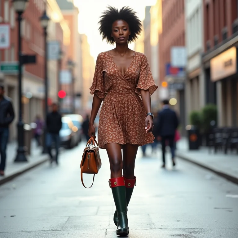 Mulher estilosa combinando galochas com vestido em ambiente urbano