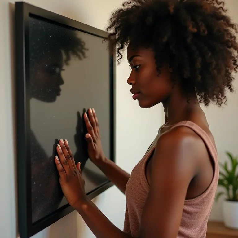 Mulher examinando painel de TV DIY recém-construído