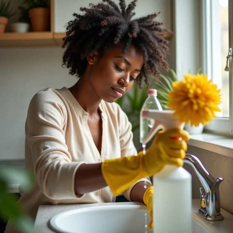Mulher higienizando um mop giratório