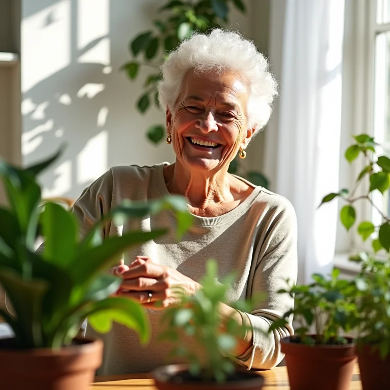 Mulher idosa sorrindo enquanto cuida de plantas em um ambiente ensolarado.