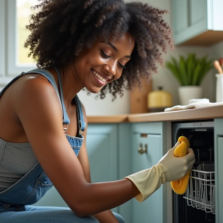 Mulher limpando a borracha de vedação da lava-louças