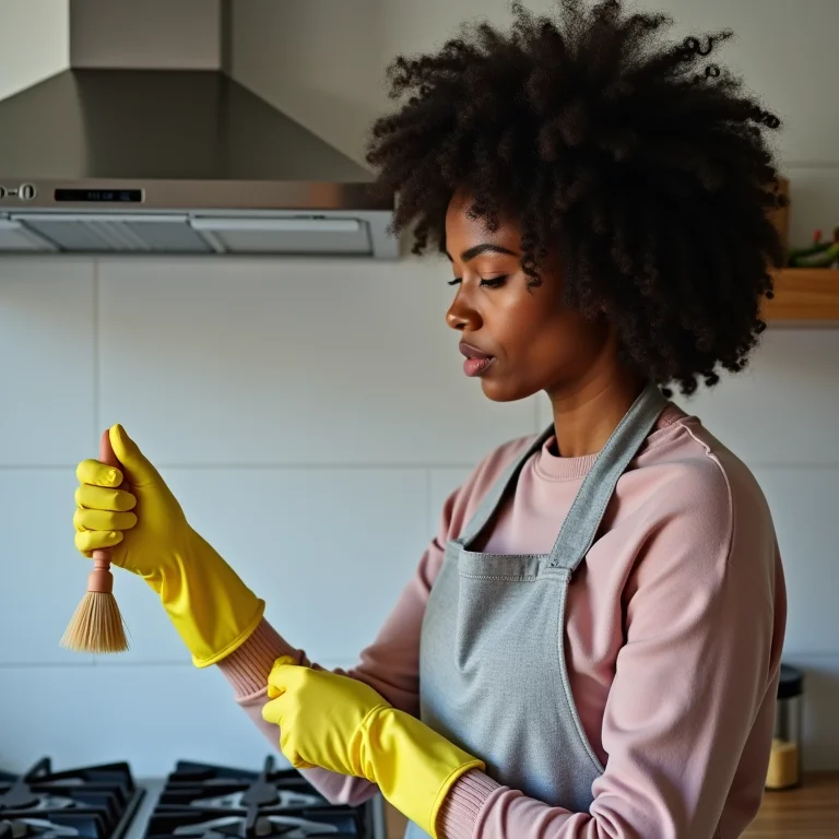 Mulher limpando a parte interna da coifa de inox
