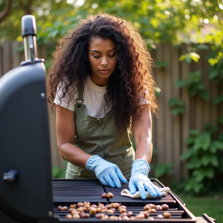 Mulher limpando grelha de churrasqueira com pano e luvas