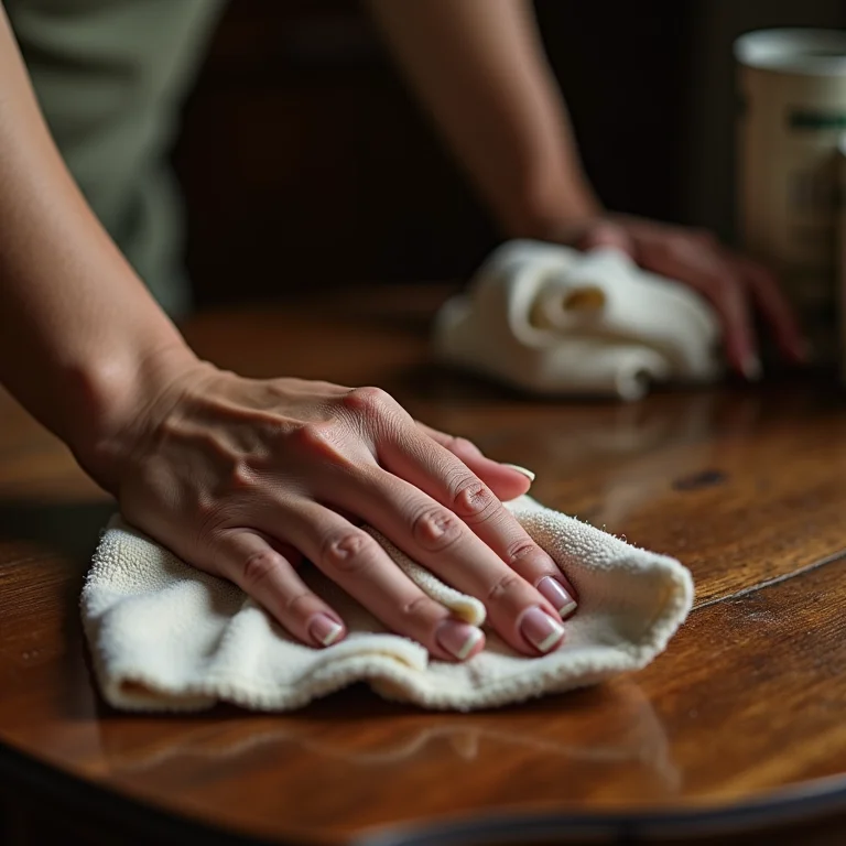 Mulher limpando mesa de madeira antiga com cuidado