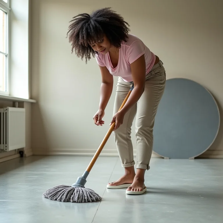 Mulher limpando piso emborrachado com esfregão