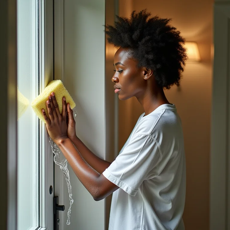 Mulher limpando porta para prepará-la para a pintura.