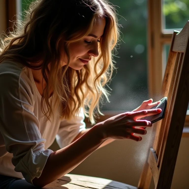 Mulher lixando cadeira de balanço para remover a tinta velha