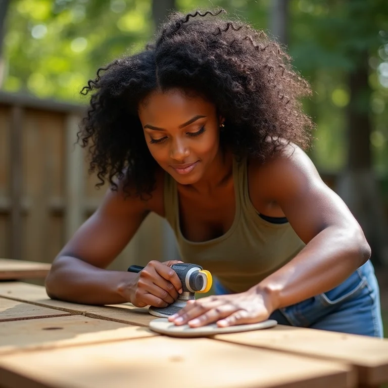 Mulher lixando madeira para projeto DIY