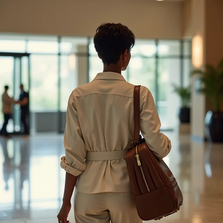 Mulher manuseando malas com facilidade no lobby de um hotel