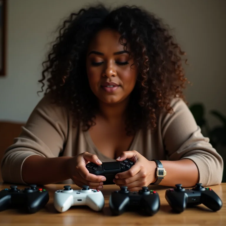 Mulher mid-size organizando controles de videogame por prioridade