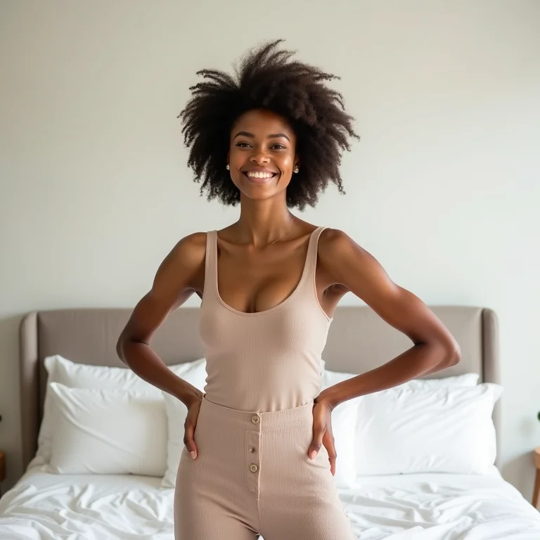 Mulher mid-size sorrindo em frente à cama arrumada