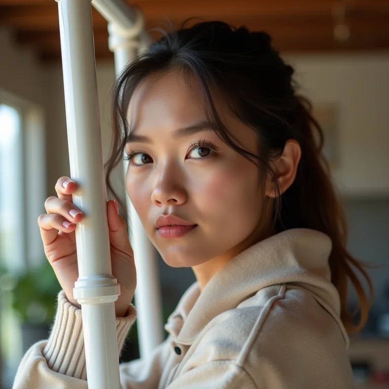 Mulher montando estrutura de cano PVC com ferramentas simples