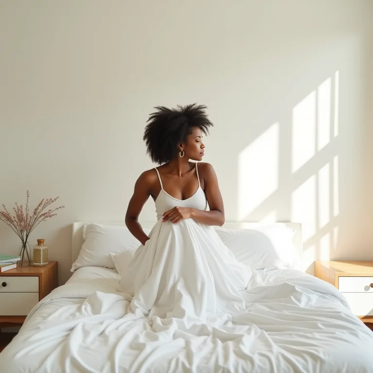 Mulher negra arrumando a cama em quarto minimalista