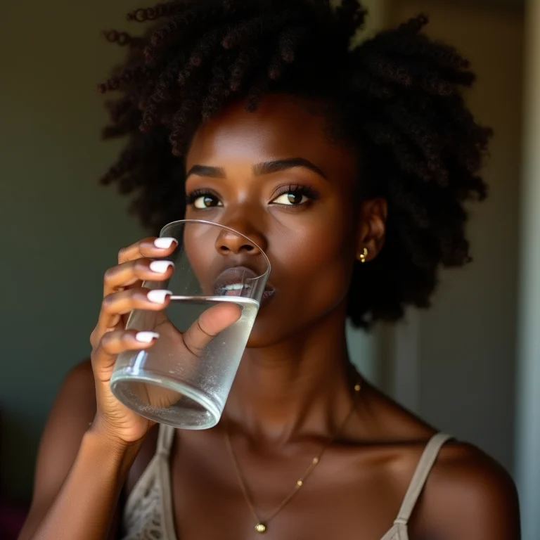 Mulher negra bebendo água com expressão preocupada